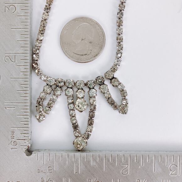 VTG Signed Carol Deb 1950s Cocktail Rhinestone Bib Necklace Silver Tone Elegant - Picture 10 of 15